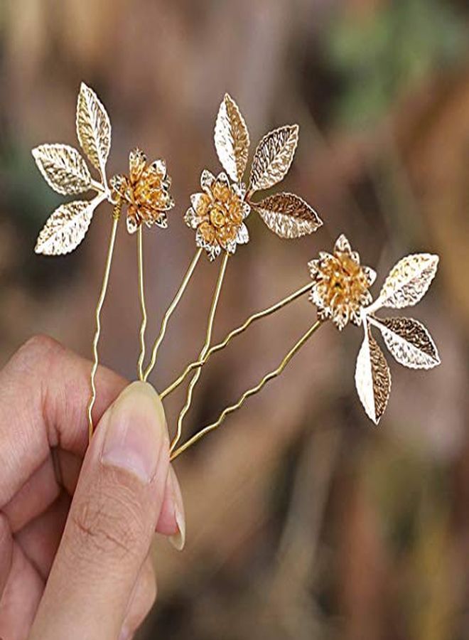 Wedding Hair Pins Flower Hairpins Hair Set Leaf Jewelry Decorative Bridal Hair Accessories For Women And Girls Pack Of 3 (Gold)