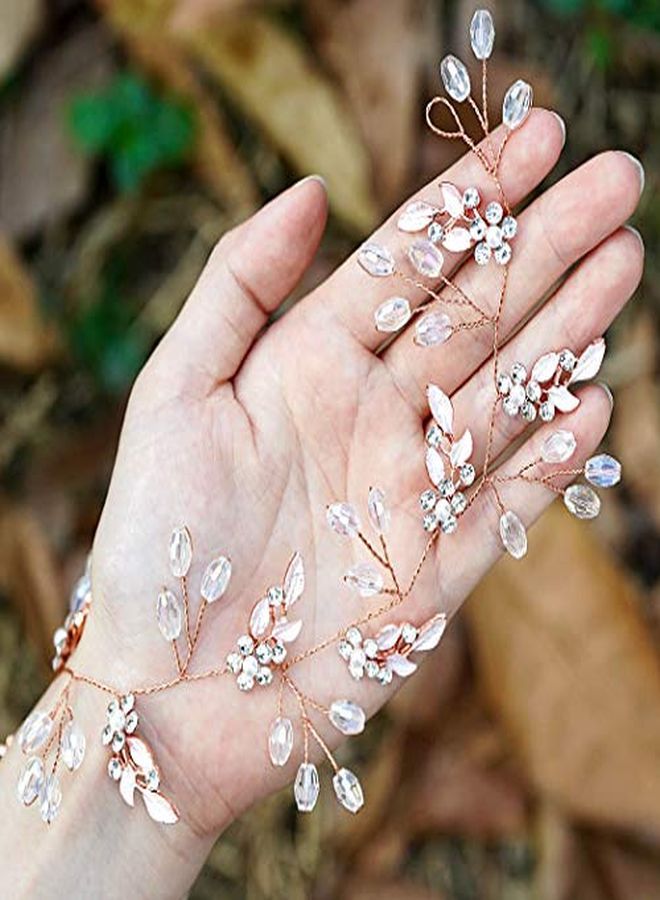Leaf Wedding Hair Vine Flower Bridal Hair Piece Crystal Rhinestone Long Headband For Women And Girls (Rose Gold)