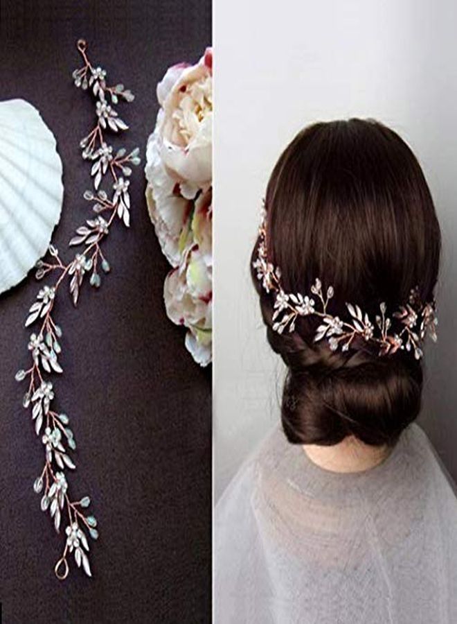 Leaf Wedding Hair Vine Flower Bridal Hair Piece Crystal Rhinestone Long Headband For Women And Girls (Rose Gold)