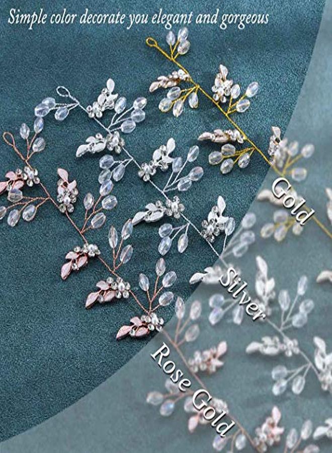 Leaf Wedding Hair Vine Flower Bridal Hair Piece Crystal Rhinestone Long Headband For Women And Girls (Rose Gold)