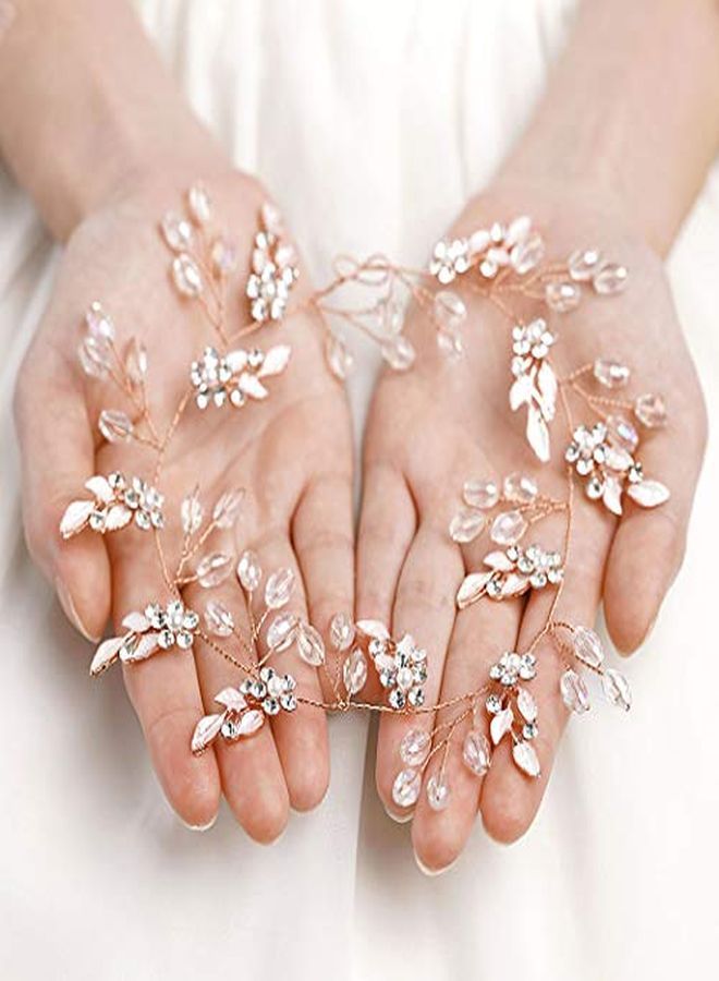 Leaf Wedding Hair Vine Flower Bridal Hair Piece Crystal Rhinestone Long Headband For Women And Girls (Rose Gold)