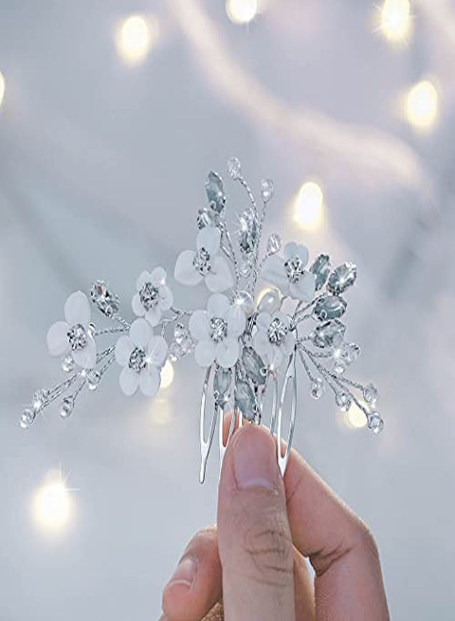 Silver Bride Wedding Hair Comb Flower Bridal Headpiece Sparkly Rhinestone Hair Accessories Crystal Hair Piece Jewelry For Women And Girls