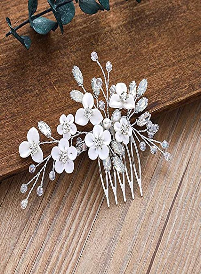 Silver Bride Wedding Hair Comb Flower Bridal Headpiece Sparkly Rhinestone Hair Accessories Crystal Hair Piece Jewelry For Women And Girls