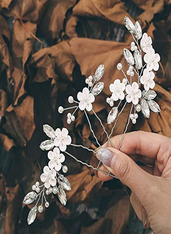 Flower Bride Wedding Hair Pins Silver Crystal Bridal Hair Pieces Pearl Hair Accessories For Women And Girls ( Pack Of 3)