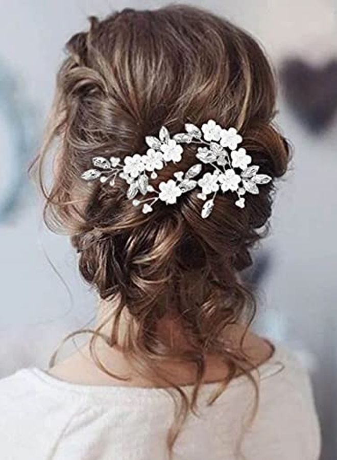 Flower Bride Wedding Hair Pins Silver Crystal Bridal Hair Pieces Pearl Hair Accessories For Women And Girls ( Pack Of 3)