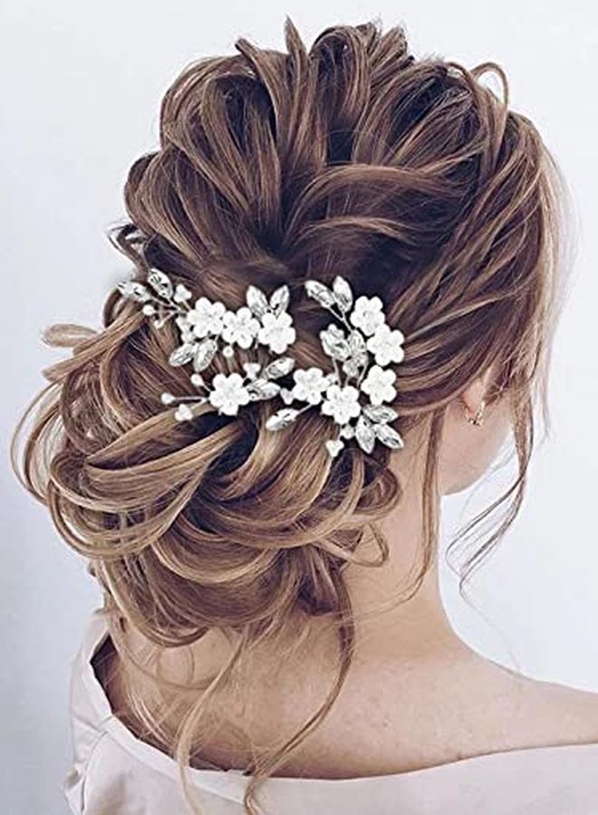 Flower Bride Wedding Hair Pins Silver Crystal Bridal Hair Pieces Pearl Hair Accessories For Women And Girls ( Pack Of 3)