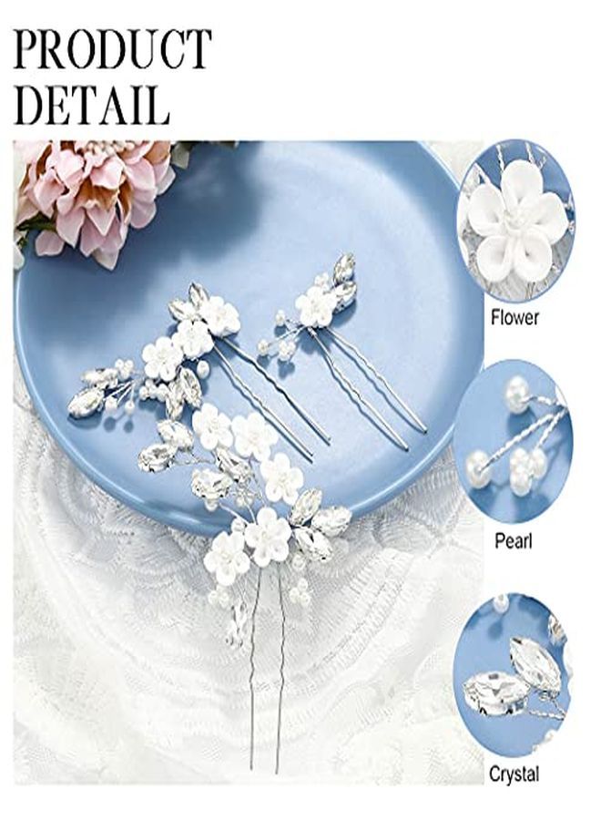 Flower Bride Wedding Hair Pins Silver Crystal Bridal Hair Pieces Pearl Hair Accessories For Women And Girls ( Pack Of 3)