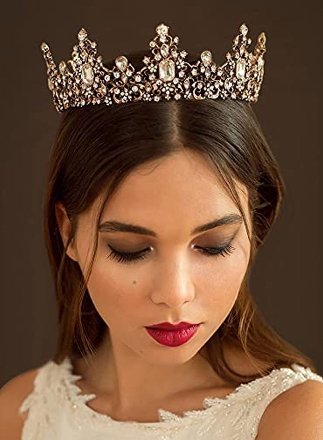 Jeweled Baroque Queen Crown For Women - Rhinestone Wedding Tiaras And Crowns, Bronze Costume Hair Accessories For Cosplay Birthday Party