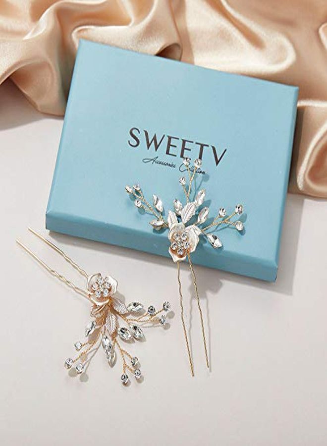 2Pcs Wedding Hair Pins Bridal Rhinestone Wedding Hair Accessories Hair Pieces For Brides BridesmaidRose Gold