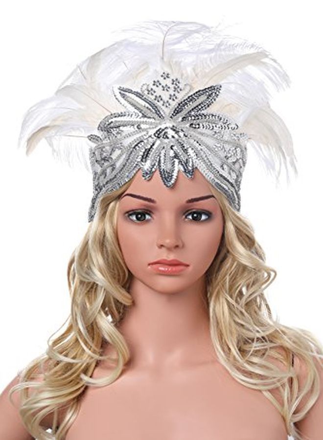 Women'S White Feather Headband Indian Fascinator Carnival Headpiece Pageant Headband 1920S Flapper Accessories Headband (Offwhite)