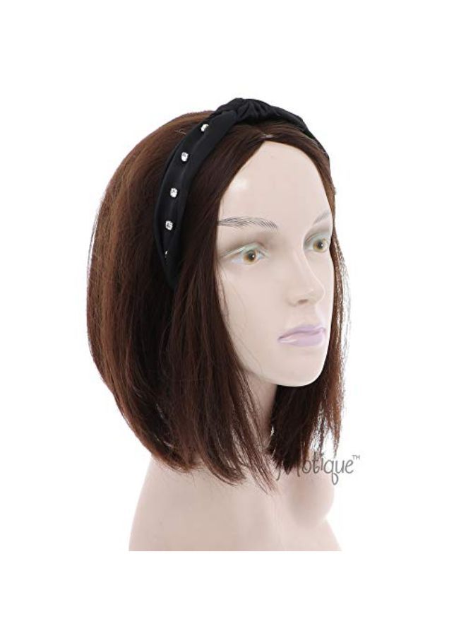 Satin Turban Knot Headband With Silver Gems  Black