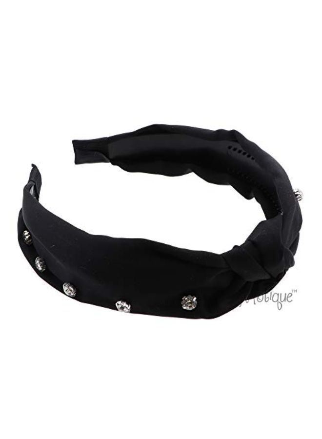 Satin Turban Knot Headband With Silver Gems  Black