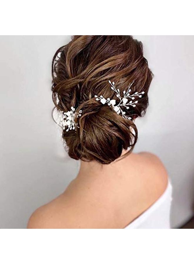 Flower Beaded Wedding Hair Pins Rhinestone Bridal Hair Accessories Decorative For Brides And Bridesmaid(Pack Of 3), Silver