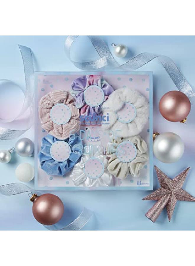 The Original Scrunchie® Girls Fashion Gift Set Includes 6 Unique Designs: Pastel Rainbow Velvet Cream Velour Pink Velvet White Faux Fur Blue Velour White Satin In Presentation Box