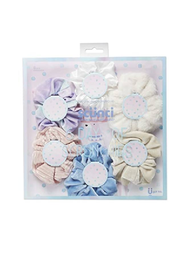 The Original Scrunchie® Girls Fashion Gift Set Includes 6 Unique Designs: Pastel Rainbow Velvet Cream Velour Pink Velvet White Faux Fur Blue Velour White Satin In Presentation Box