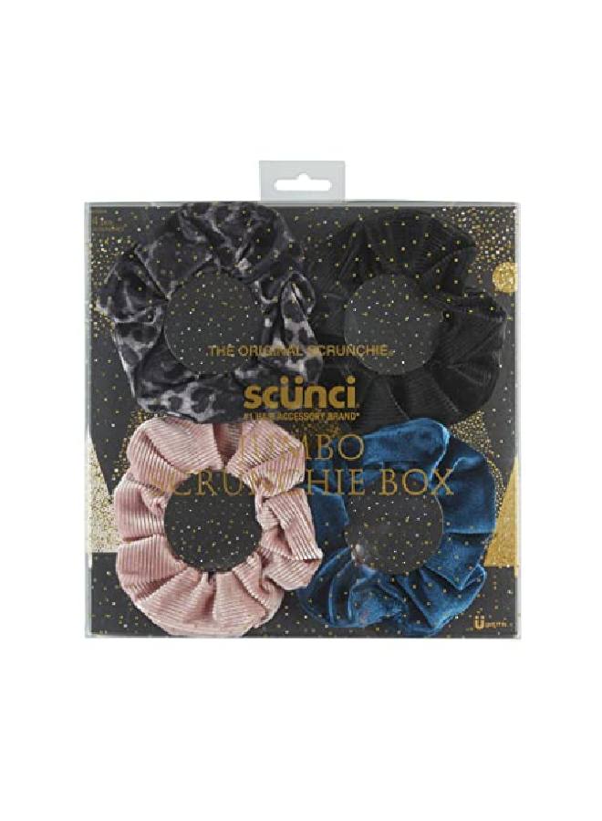 The Original Scrunchie® Luxury Velvet Gift Set Includes 4 Unique Scrunchies: Leopard Black Pink Teal In Acrylic Presentation Box