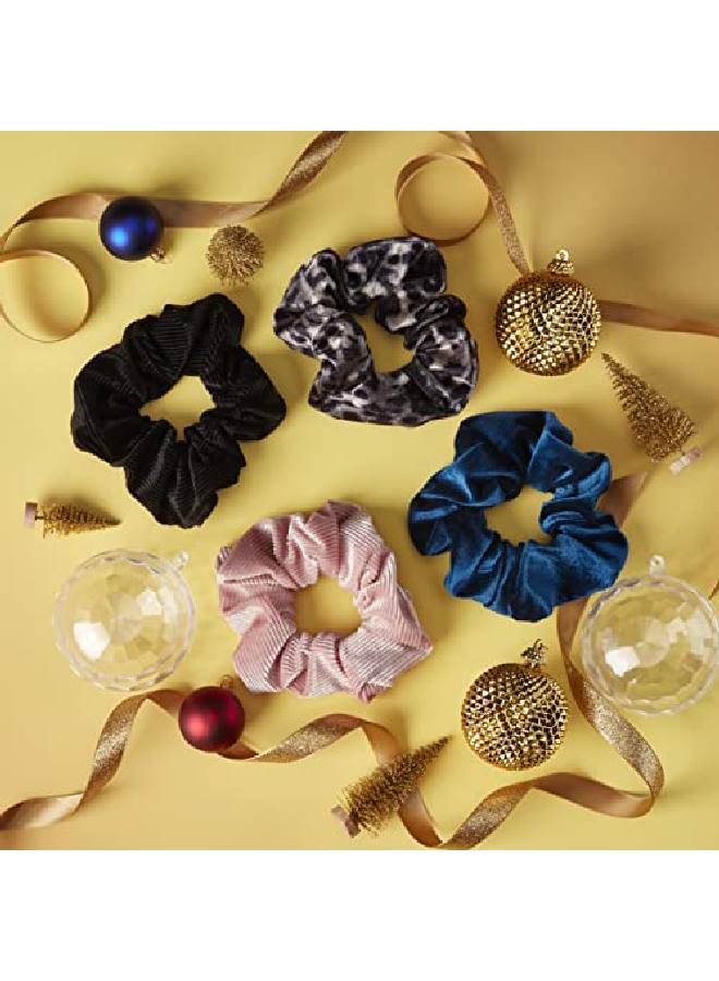 The Original Scrunchie® Luxury Velvet Gift Set Includes 4 Unique Scrunchies: Leopard Black Pink Teal In Acrylic Presentation Box