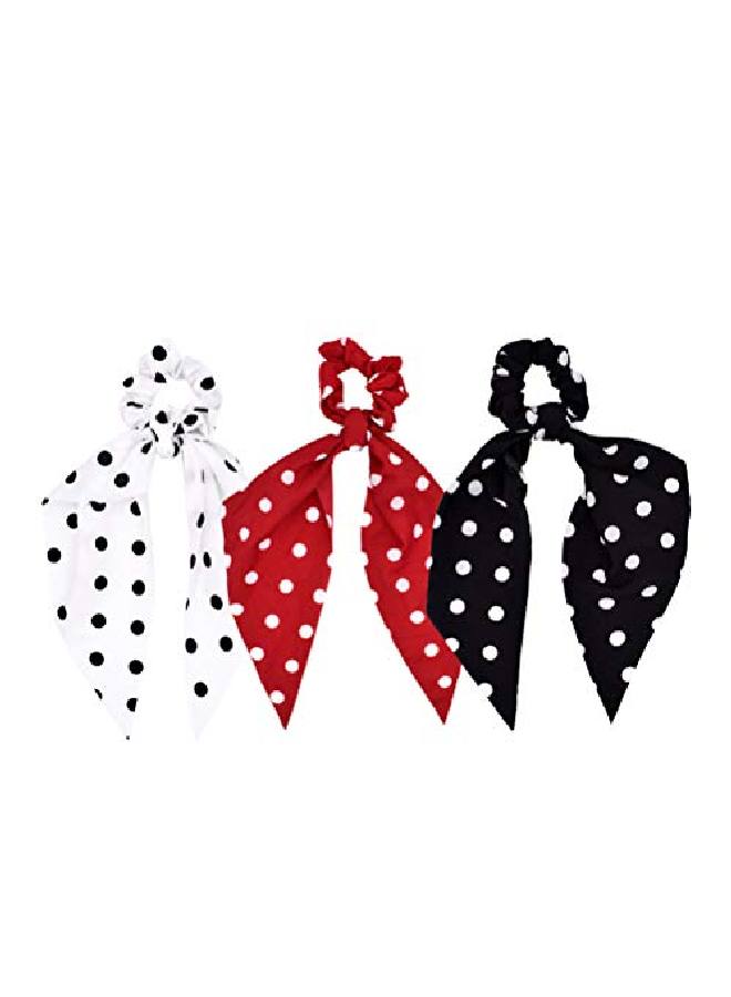 3Pcs Polka Dot Hair Scrunchies Vintage Chiffon Hair Scarf Ties Stylish Bow Ponytail Holders For Women