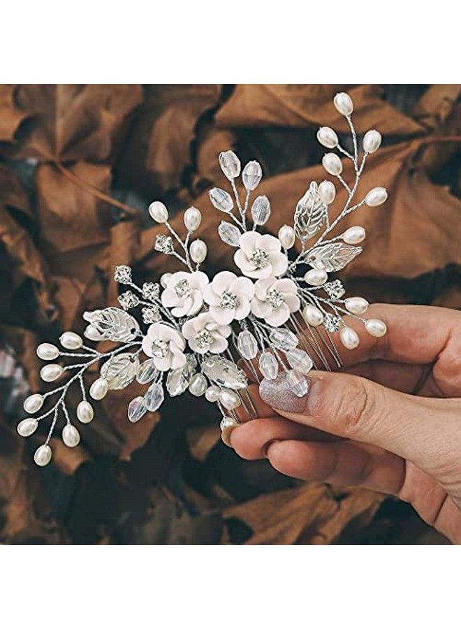 Flower Bride Wedding Hair Comb Leaf Silver Bridal Headpiece Pearl Hair Accessories Crystal Hair Piece Jewelry For Women And Girls