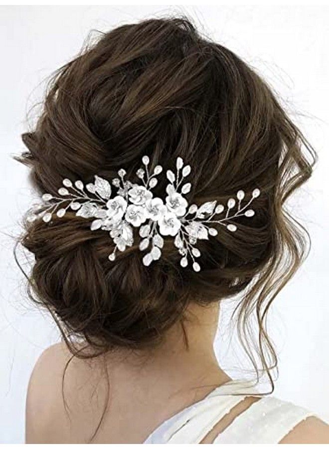 Flower Bride Wedding Hair Comb Leaf Silver Bridal Headpiece Pearl Hair Accessories Crystal Hair Piece Jewelry For Women And Girls