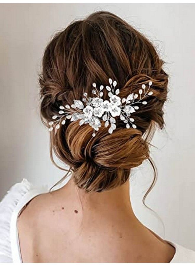 Flower Bride Wedding Hair Comb Leaf Silver Bridal Headpiece Pearl Hair Accessories Crystal Hair Piece Jewelry For Women And Girls