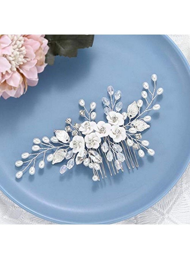 Flower Bride Wedding Hair Comb Leaf Silver Bridal Headpiece Pearl Hair Accessories Crystal Hair Piece Jewelry For Women And Girls