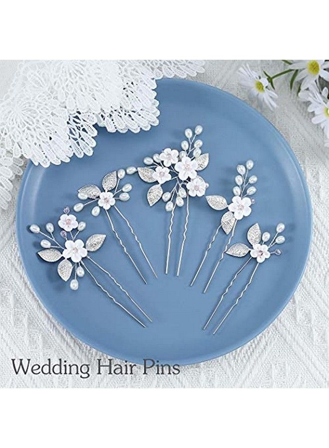 Flower Bride Wedding Hair Pins Silver Bridal Hair Pieces Pearl Hair Accessories Leaf Prom Hair Clips For Women And Girls ( Pack Of 5)