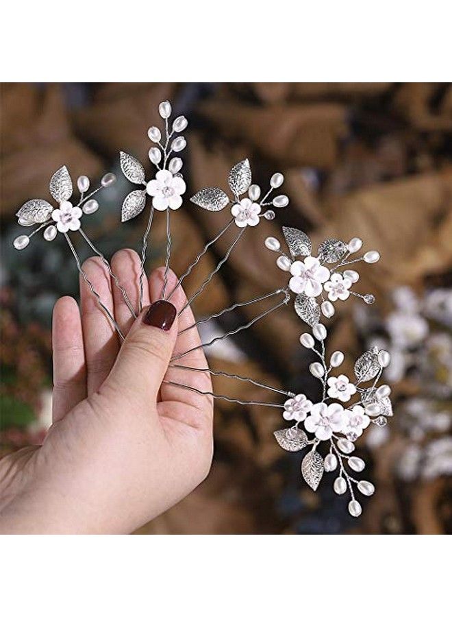 Flower Bride Wedding Hair Pins Silver Bridal Hair Pieces Pearl Hair Accessories Leaf Prom Hair Clips For Women And Girls ( Pack Of 5)