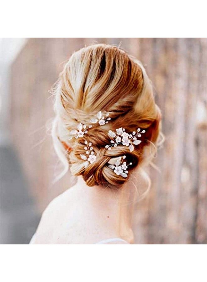 Flower Bride Wedding Hair Pins Silver Bridal Hair Pieces Pearl Hair Accessories Leaf Prom Hair Clips For Women And Girls ( Pack Of 5)