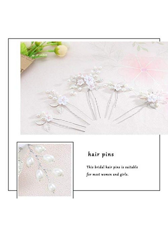 Flower Bride Wedding Hair Pins Silver Bridal Hair Pieces Pearl Hair Accessories Leaf Prom Hair Clips For Women And Girls ( Pack Of 5)