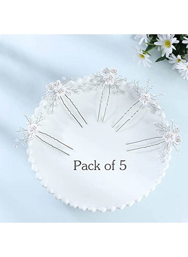 Flower Bride Wedding Hair Pins Silver Bridal Hair Pieces Rhinestone Hair Accessories Prom Hair Clips For Women And Girls ( Pack Of 5)