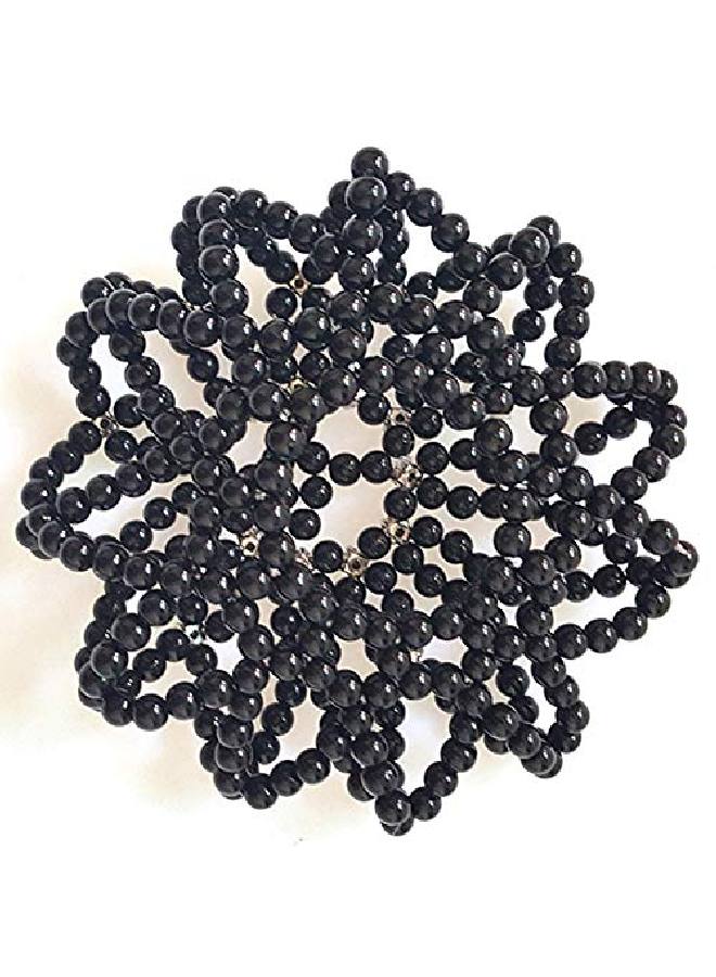 Elastic Hair Bun Cover Handmade Crochet Pearl Rhinestone Hair Snood Hair Net Hair Accessories For Women And Girls Ballet Dance Skating (Black)
