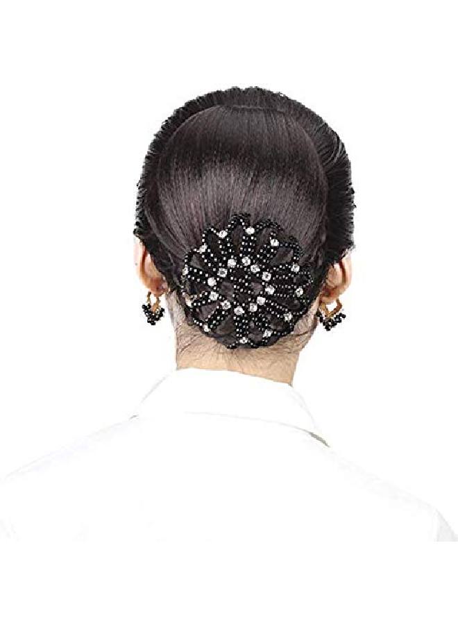 Elastic Hair Bun Cover Handmade Crochet Pearl Rhinestone Hair Snood Hair Net Hair Accessories For Women And Girls Ballet Dance Skating (Black)