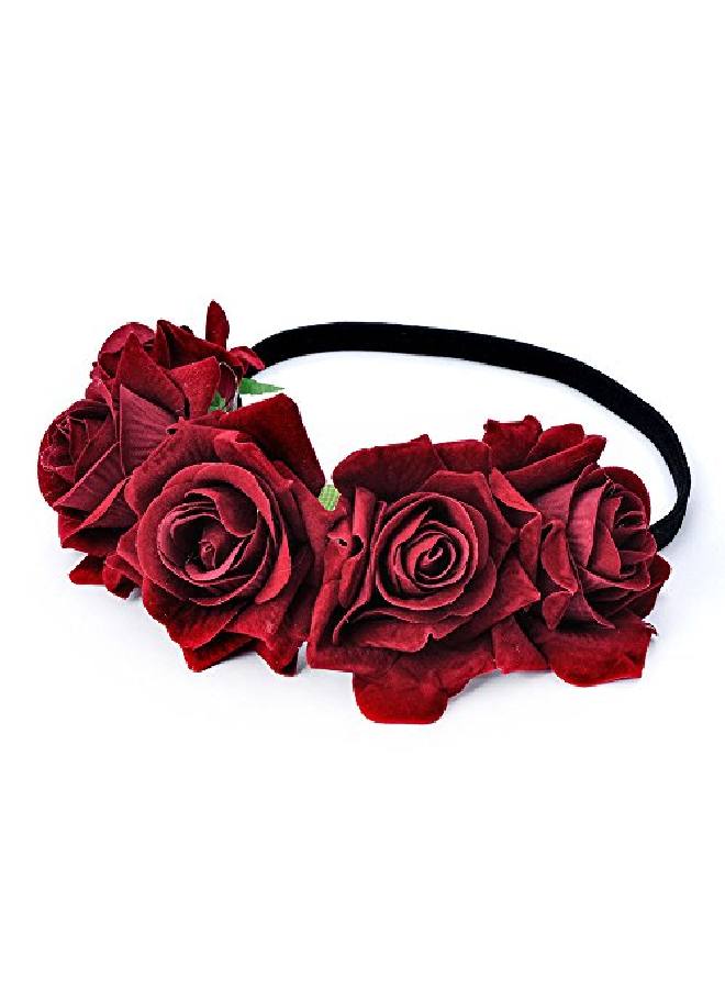 Rose Flower Crown Wedding Festival Headband Hair Garland Wedding Headpiece (1Burgundy)