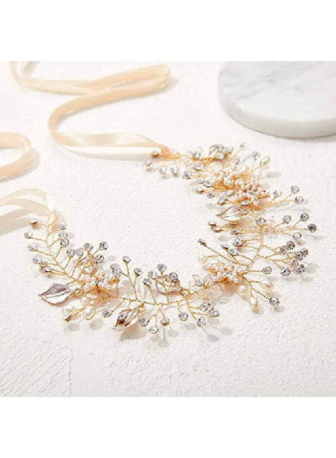 Gold Wedding Headband Flower Bridal Headpieces For Wedding Hair Accessories For Brides Hair Pieces Crystal Pearl Hair Vine