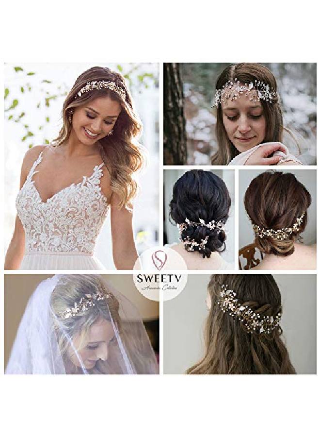 Gold Wedding Headband Flower Bridal Headpieces For Wedding Hair Accessories For Brides Hair Pieces Crystal Pearl Hair Vine