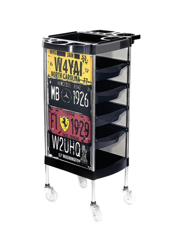 Salon Style Beauty Furniture Hair Styling Storage Station Tray Holder Black with Drawers and 4 Rolling Wheels for Stylist Hairdresser Salon Trolley Cart