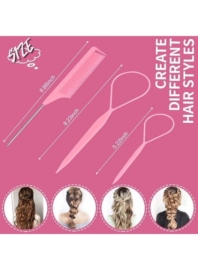 Hair Tail Tools, TsMADDTs 3Pack Hair Loop Tool Set with 2Pcs French Braid Tool Loop 1Pcs Rat Tail Comb Metal Pin Tail Braiding Comb for Hair Styling, Pink