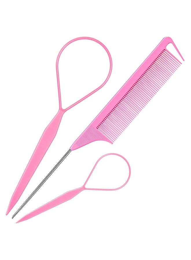 Hair Tail Tools, TsMADDTs 3Pack Hair Loop Tool Set with 2Pcs French Braid Tool Loop 1Pcs Rat Tail Comb Metal Pin Tail Braiding Comb for Hair Styling, Pink