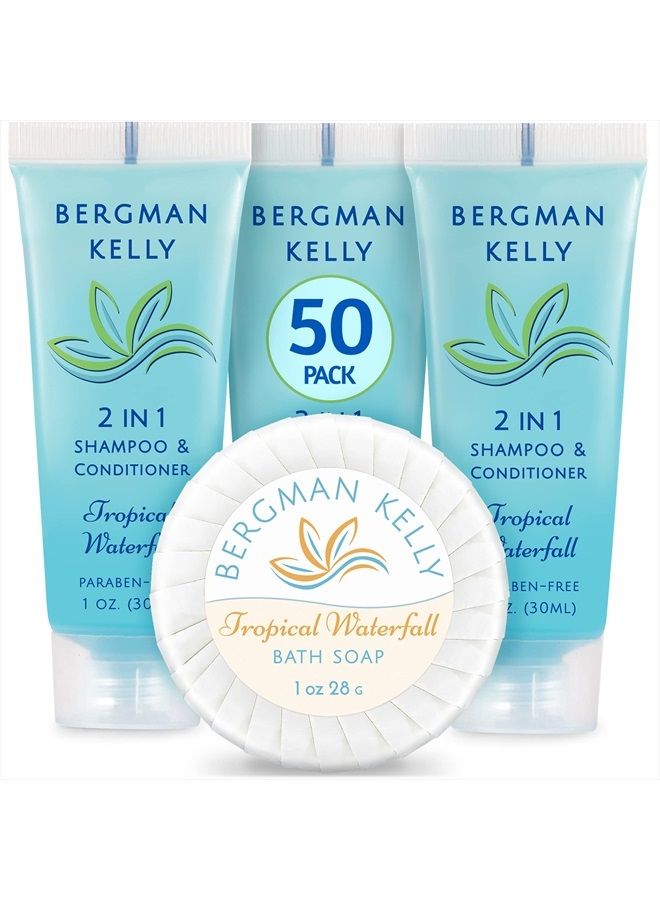 Round Soap Bars, 2in1 Shampoo & Conditioner 2-Piece Set (Tropical Waterfall, 1 oz each, 100 pc), Delight Your Guests with Revitalizing & Refreshing Sanitary Toiletries & Hotel Amenities