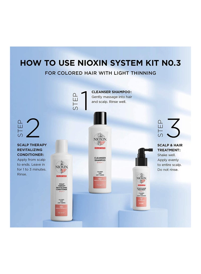 System 3 Kit by Nioxin for Unisex - 3 Pc 10.1oz Color Safe Cleanser Shampoo - 10.1 oz Color Safe Scalp Therapy Conditioner - 1 Liter Color Safe Scalp and Hair Treatment