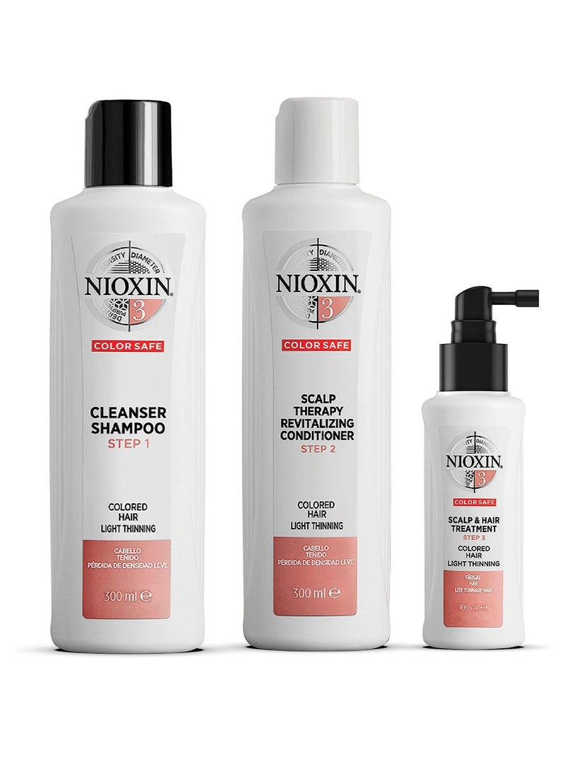 System 3 Kit by Nioxin for Unisex - 3 Pc 10.1oz Color Safe Cleanser Shampoo - 10.1 oz Color Safe Scalp Therapy Conditioner - 1 Liter Color Safe Scalp and Hair Treatment