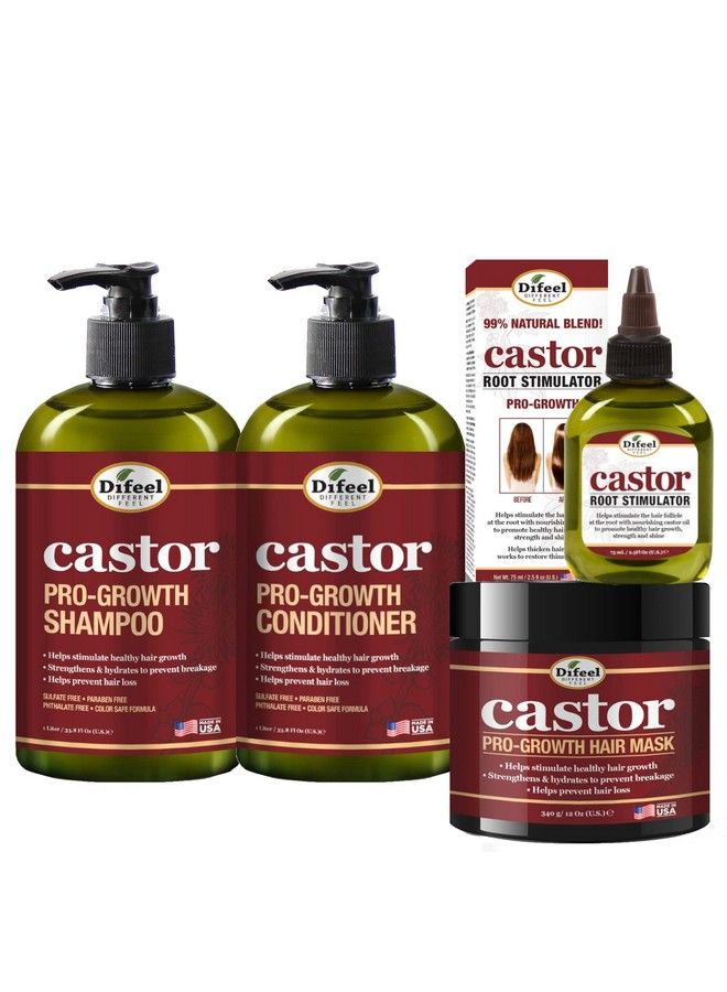 4Pc Castor Progrowth Hair Growth: Cleansing & Growth Set Includes 12 Oz Shampoo 12Oz Conditioner 12Oz Hair Mask & 2.5Oz Root Stimulator