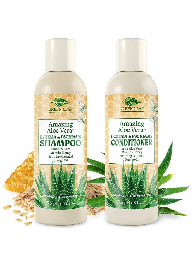 Shampoo & Conditioner Set Aloe Vera Gel With Manuka Honey New Zealand ; Great For All Hair & Skin Types ; Gentle Relief For Eczema Psoriasis Dry Flaky Scalp Damaged Hair 8Oz