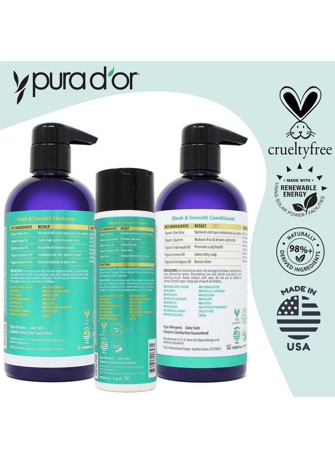 Ura D'Or Sleek & Smooth 3Piece Complete Set (Shampoo Conditioner Cream) For Frizzfree & Silky Smooth Hair Infused With Organic Aloe Vera Argan Oil Castor Oil Bergamot Oil & Geranium Oil