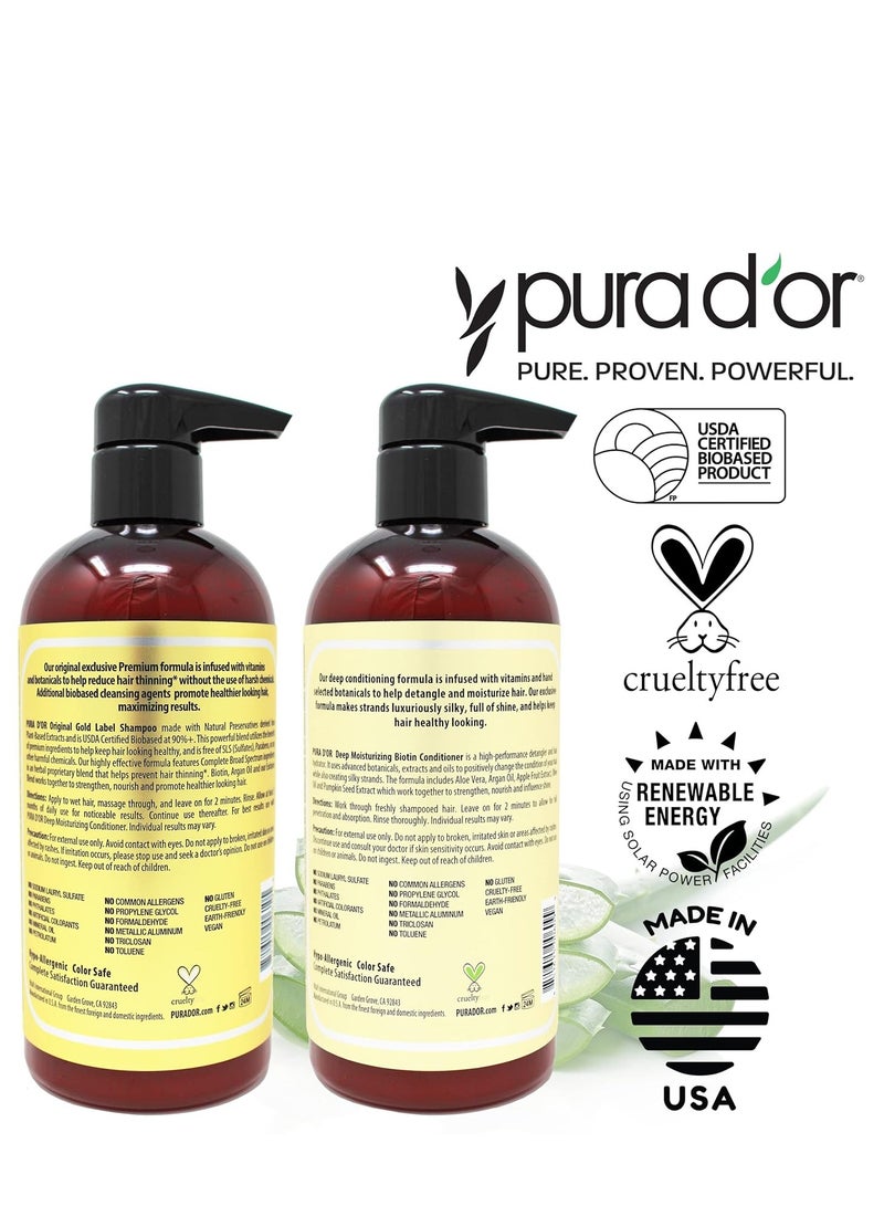 PURA D'OR Anti-Thinning Biotin Shampoo & Deep Moisturizing Conditioner Original Gold Label Set (16oz x2) Natural Earthy Scent, CLINICALLY TESTED Effective Results, DHT Blocker Thickening, Women & Men