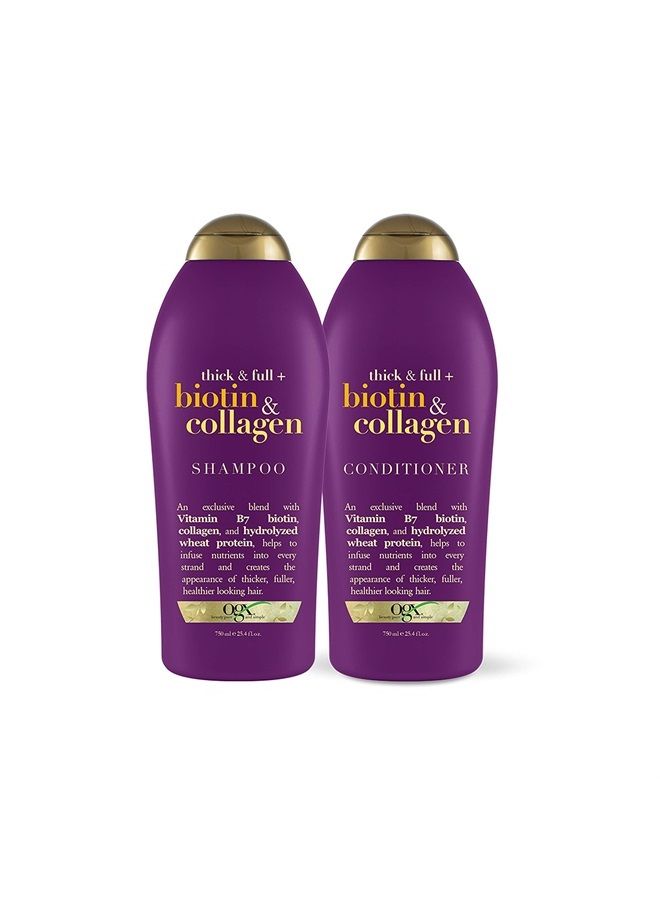 Thick & Full + Biotin & Collagen Extra Strength Volumizing Shampoo + Conditioner with Vitamin B7 & Hydrolyzed Wheat Protein for Fine Hair, 25.4 oz Pack of 2