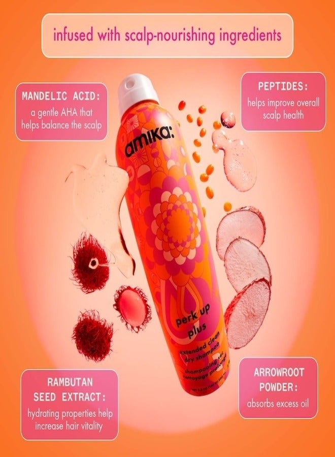 Amika Perk Up Plus Extended Clean Dry Shampoo – Talc-Free, Oil-Absorbing Formula with Ultra-Fine Rice Starch and Sea Buckthorn for Long-Lasting Freshness, Volume, and Scalp Care – 200 ml / 6.7 oz, Vegan & Cruelty-Free