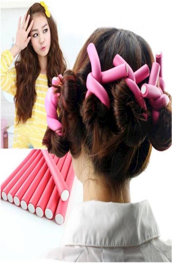 10-Piece Hair Curling Roller Stick Set Blue/Yellow/Pink 24cm