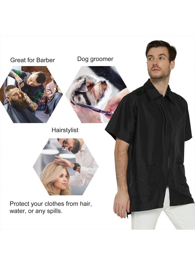 Barber Jacket for Men, Hair Stylist Grooming Smock Vest Shirt, Black